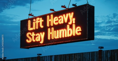 Floating neon billboard lift heavy stay humble deep jade fiery orange hovering open air deadlift competition arena