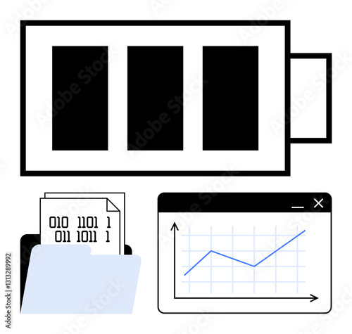 Battery indicator, folder with binary code files, line graph display highlighting analysis and tech performance. Ideal for tech, data processing, energy optimization, coding, analysis, software