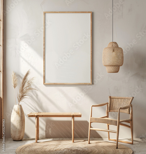 Blank frame mockup poster hanging on the white wall with wooden furniture