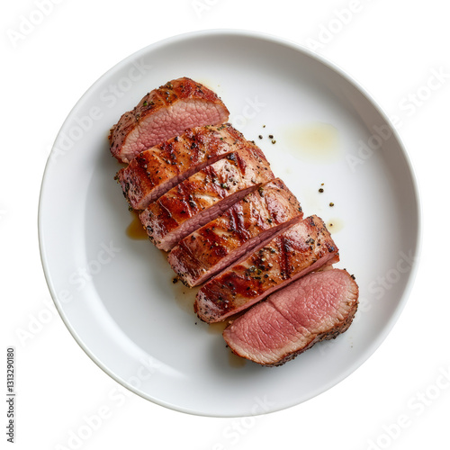 Thinly sliced ​​pork loin sprinkled with pepper, arranged on a white round plate, showing the meat. The meat has fine marbled patterns, separated into pieces on a white or transparent background. photo