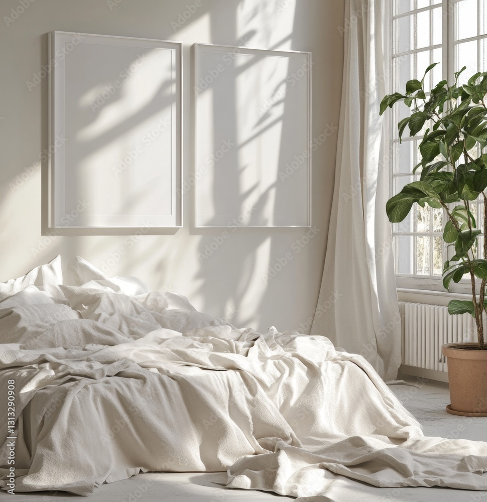 Sunlit bedroom with blank frames, draped bedding Sunlit bedroom with blank frames, draped bedding