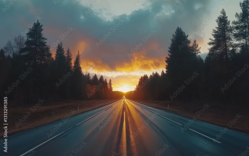 Fototapeta premium Sunset Highway, Forest Road, Empty Road, Inspiring Drive