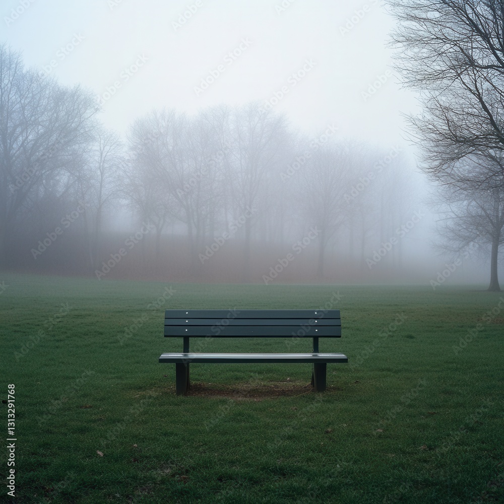 Empty park bench in morning fog with diffused light and strong leading lines Empty park bench in morning fog with diffused light and strong leading lines