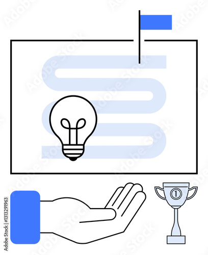 Lightbulb for idea, roadmap with goal flag for planning, open hand for support, and trophy for achievement. Ideal for innovation, strategy, motivation, leadership, teamwork success goal setting