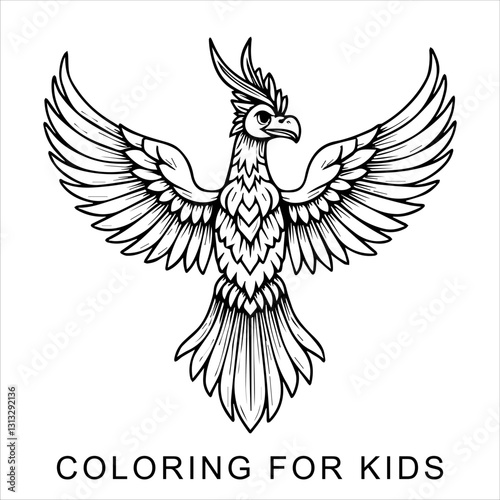 Intricate line art of a majestic Garuda bird with spread wings, ideal for tattoo, logo, or cultural designs