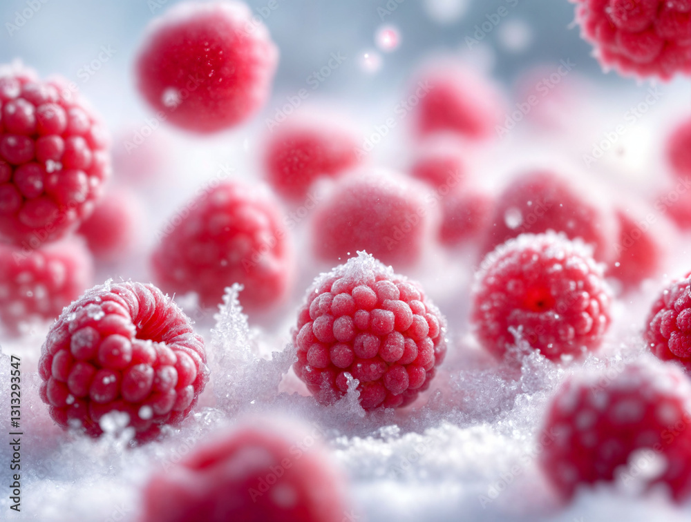 Frozen raspberries floating in midair with icy mist surrounding them. Frozen raspberries floating in midair with icy mist surrounding them.