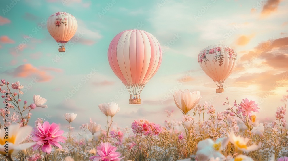 Obraz premium A tranquil scene of pastel hot air balloons floating peacefully, each adorned with beautiful blooming flowers.