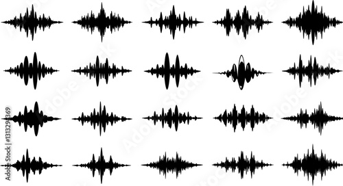 Sound waves sign set, equalizer music waves, musical sound wave beat collection icon, digital and analog line waveforms, frequency audio waveform, electronic signal, voice recording - vector 