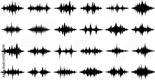 Sound waves sign set, equalizer music waves, musical sound wave beat collection icon, digital and analog line waveforms, frequency audio waveform, electronic signal, voice recording - vector 