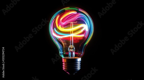 A vibrant neon light bulb with colorful swirls of energy, representing artistic inspiration.