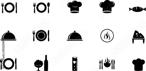 Food icons set, plate, fork, knife and spoon, set logotype menu, cutlery icon, tableware sign, catering icons, restaurant signs
