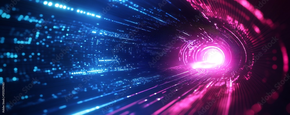 Fototapeta premium Stunning visual of luminous light traveling through a dynamic digital tunnel in a hightech environment : Generative AI