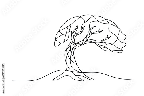 Single Line Drawing of a Windswept Tree in Minimalist Style