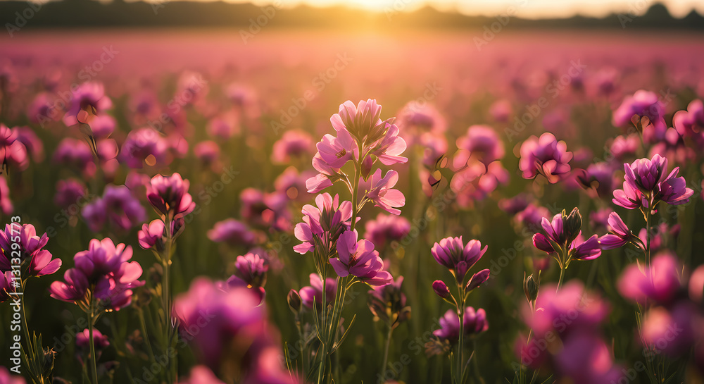 Obraz premium 夕焼けに染まるピンクの花畑