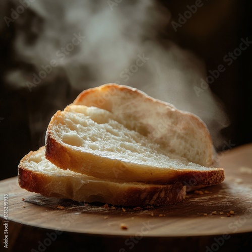 Fresh baked bread with steam escaping from first slice in natural lighting