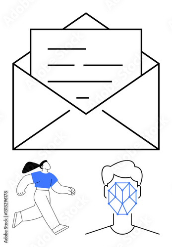 Open envelope containing a letter, stylized female figure in motion, and human face with facial recognition grid. Ideal for identity, security, communication, motion, technology email access. Flat