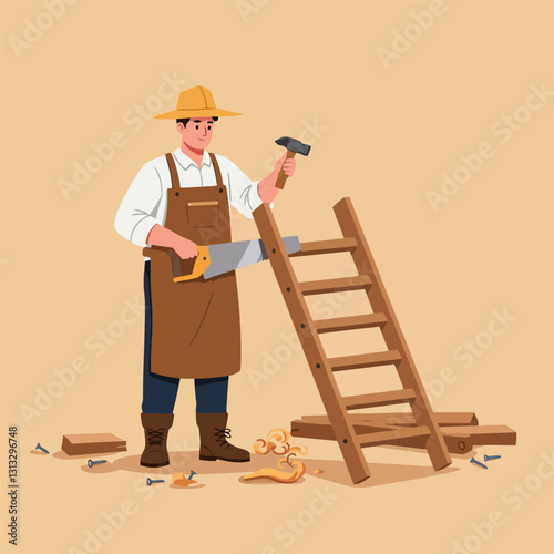 Carpenter Building a Wooden Ladder with Hammer and Saw Illustration