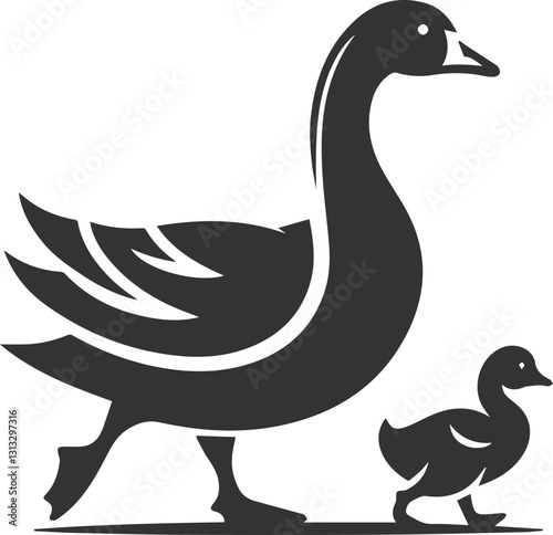 silhouette of a goose walking with a small gosling animal vector