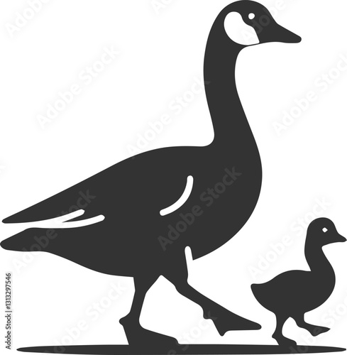 silhouette of a goose walking with a small gosling animal vector