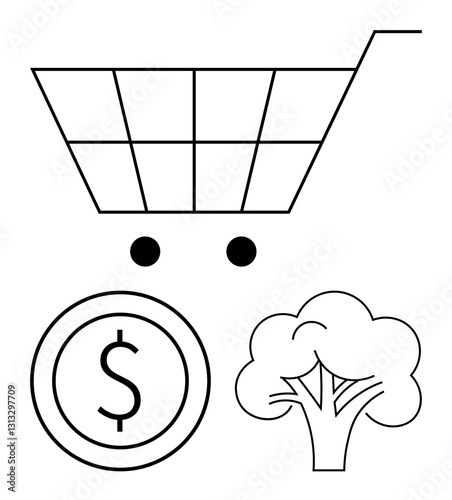 Shopping cart above dollar coin and broccoli, symbolizing budgeting, food purchasing, and health consciousness. Ideal for retail, grocery shopping, budgeting, health, nutrition eco-lifestyle