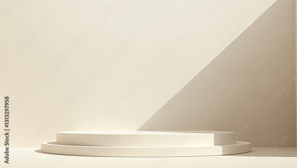 Obraz premium Minimalist beige podium, sunlit studio, product display
