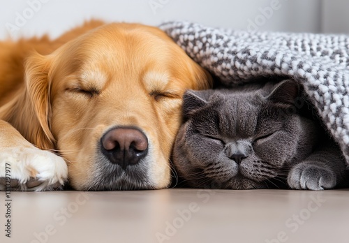 Wallpaper Mural Sleepy Golden Retriever and British Shorthair Cat Snuggling Together Under a Cozy Blanket : Generative AI Torontodigital.ca