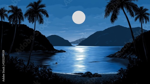 Moonlit Serenity Pixelated Tropical Beach Illustration for Nostalgic Game or Low Resolution Display Backgrounds Design