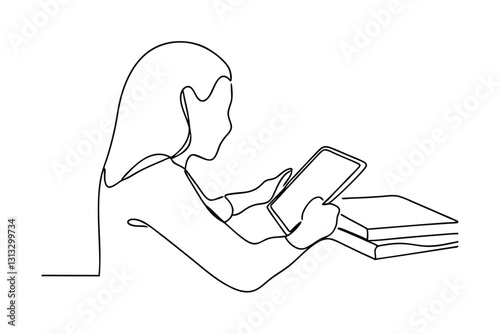 Single line drawing of a girl studying with tablet and books