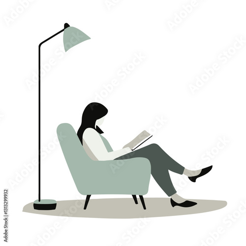 Woman reading in an armchair under a floor lamp 