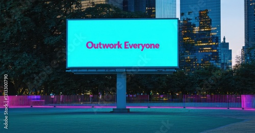 Glowing urban billboard outwork everyone electric cyan deep crimson standing futuristic outdoor calisthenics park city skyline backdrop