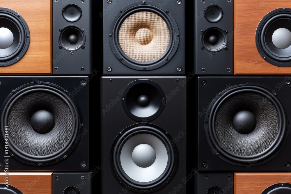 A close-up view of various audio speakers arranged in a stylish pattern A close-up view of various audio speakers arranged in a stylish pattern