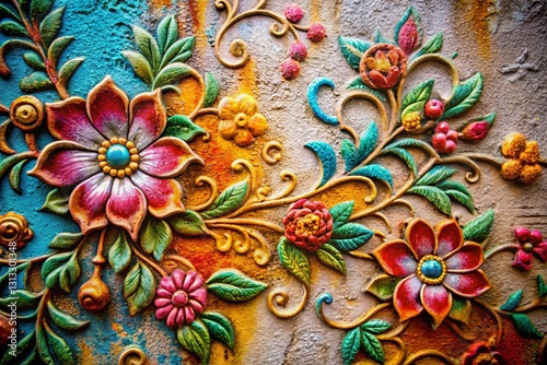 Metallic Floral Graffiti Wall Art: Spray Painted Flower Design with Mottled Texture