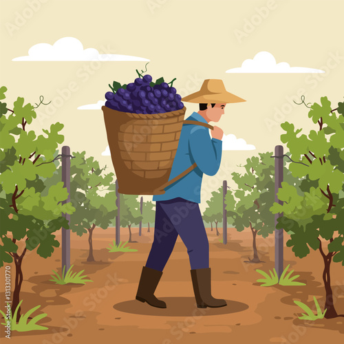 Harvesting Grapes Worker Carrying Basket in Vineyard Landscape Illustration