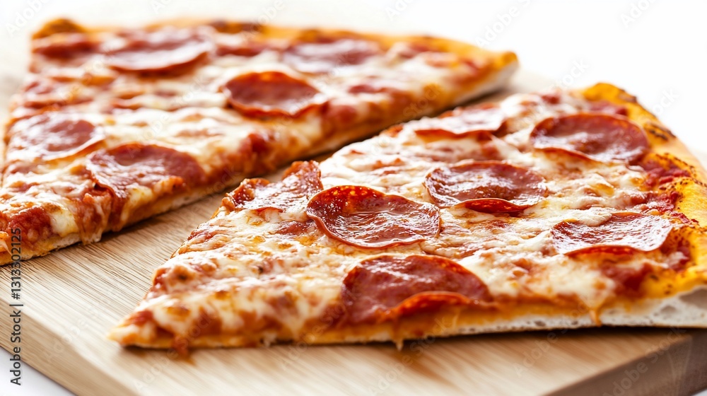 Delicious pepperoni pizza slices on wood, close-up Delicious pepperoni pizza slices on wood, close-up