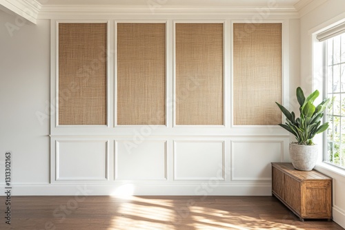 Empty sunlit room with woven wall panels