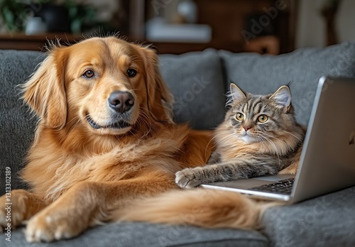 Golden retriever and tabby cat lounging together on a couch with a laptop open nearby : Generative AI photo