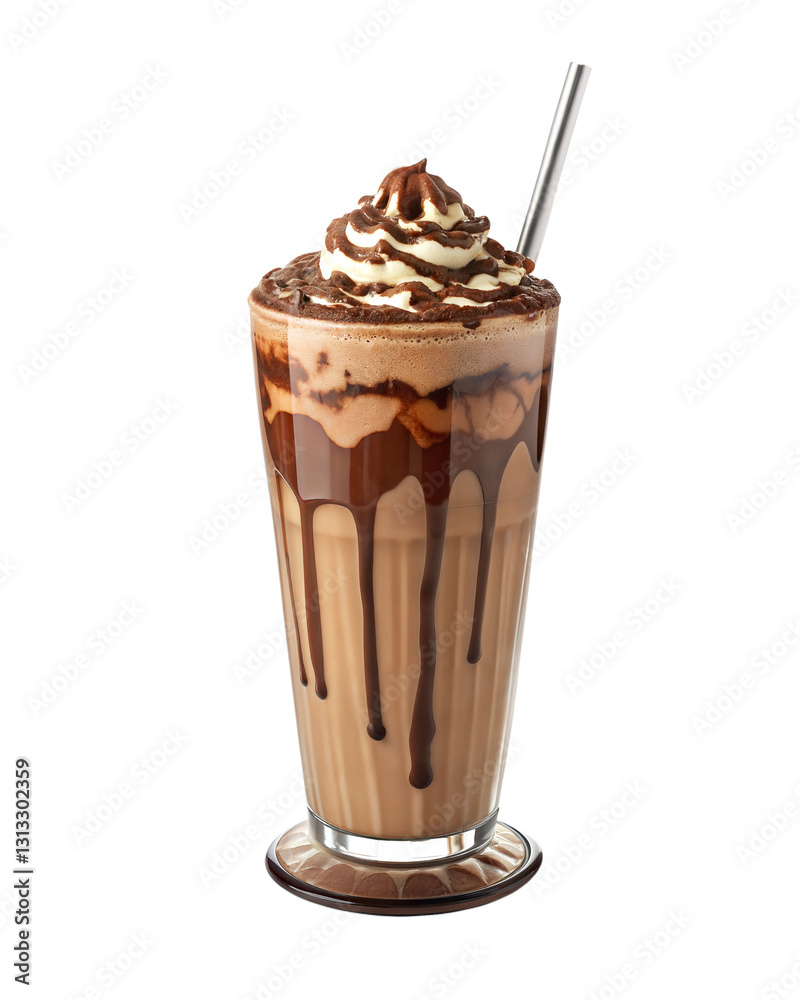 Chocolate milkshake with whipped cream and cherry isolated on white background Chocolate milkshake with whipped cream and cherry isolated on white background