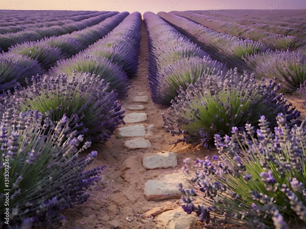 Obraz premium Lavender Blossom: A dreamy pathway surrounded by endless lavender blossoms, stretching into the distance.