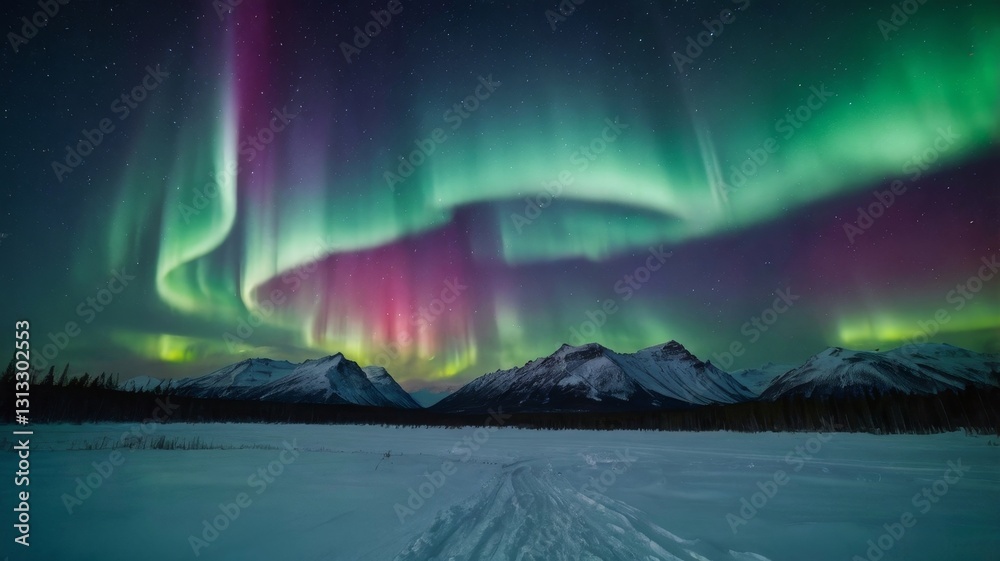 Naklejka premium A captivating view of the northern lights glowing over a snowy mountain landscape, generate AI