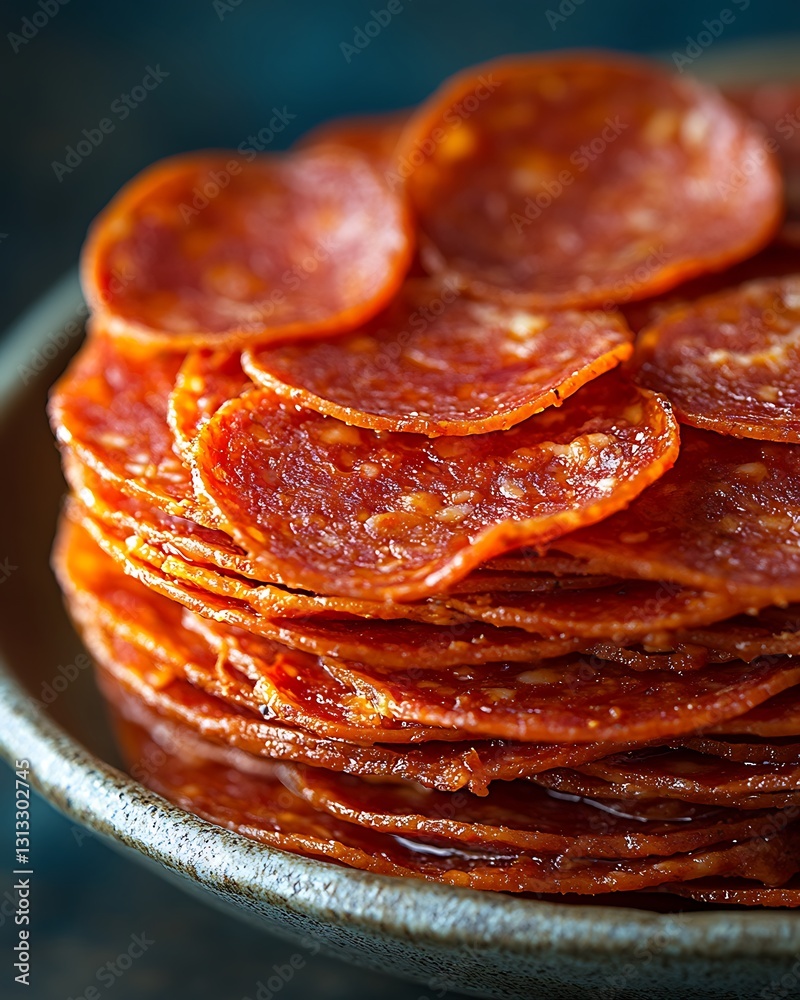 A close-up of a stack of pepperoni slices with a few pieces slightly curled at the edges, placed on a ceramic plate. The background is a muted sky blue, complementing the rich red tones of the A close-up of a stack of pepperoni slices with a few pieces slightly curled at the edges, placed on a ceramic plate. The background is a muted sky blue, complementing the rich red tones of the