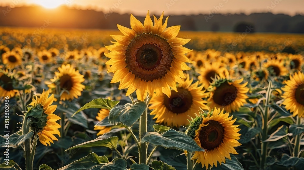 Fototapeta premium A vibrant sunflower field in full bloom at sunset, basking in warm golden light, generate AI