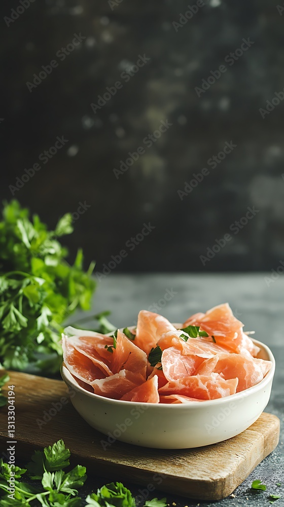 A modern kitchen setup featuring a small dish of ham strips, a cutting board, and fresh herbs. The background is a light pastel yellow, giving a bright and inviting look. Open space is reserved A modern kitchen setup featuring a small dish of ham strips, a cutting board, and fresh herbs. The background is a light pastel yellow, giving a bright and inviting look. Open space is reserved