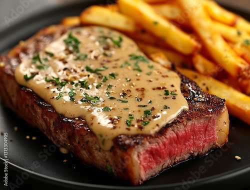 A plate of perfectly cooked steak topped with creamy sauce and accompanied by crispy golden fries : Generative AI