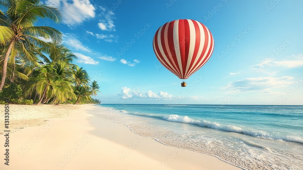Whimsical beachscape showcasing hot air balloon floating over turquoise ocean waters with white sandy shore and lush tropical trees Whimsical beachscape showcasing hot air balloon floating over turquoise ocean waters with white sandy shore and lush tropical trees