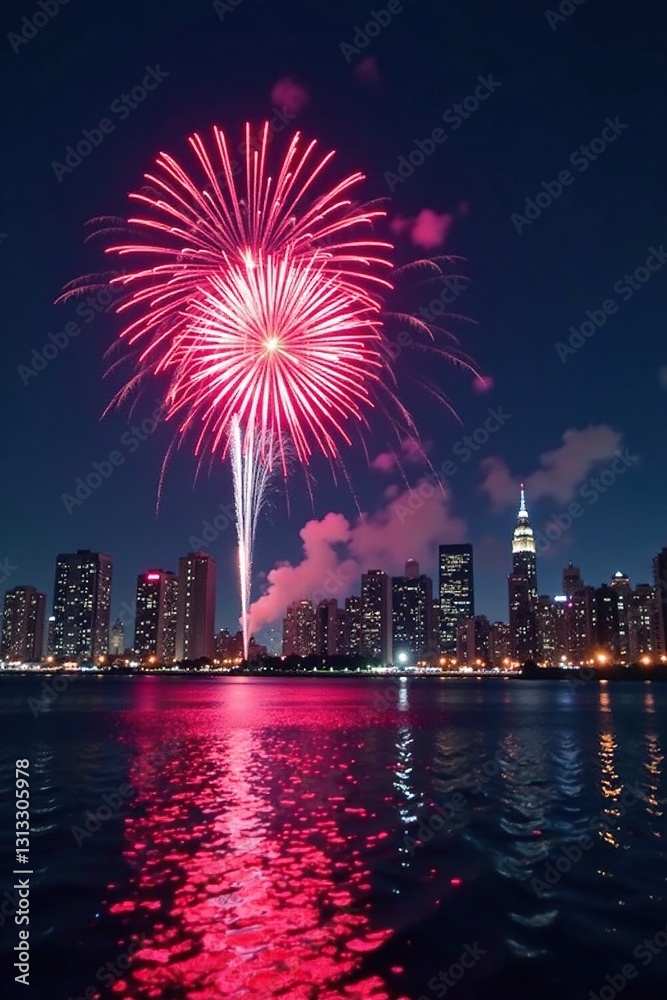 Stunning firework show illuminating city skyline at night, vivid, dark Stunning firework show illuminating city skyline at night, vivid, dark