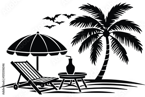 Summer Palm Tree Beach Chair Umbrella Drink Relax Vector silhouette