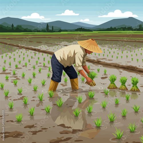 Farmer Planting Rice Seedlings in a Flooded Field at Daytime