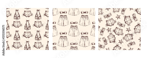 Swimwear seamless pattern collection in vintage style with beige tones