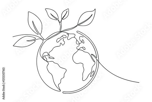 One line drawing of Earth with sprouting leaves, global ecology