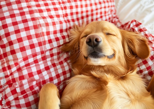 Happy golden retriever dog sleeping soundly on a cozy checkered red blanket : Generative AI photo